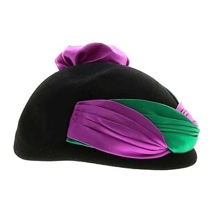 Anita Pineault Vintage 1960s Wool Cocktail Hat Black with Pink & Green Satin